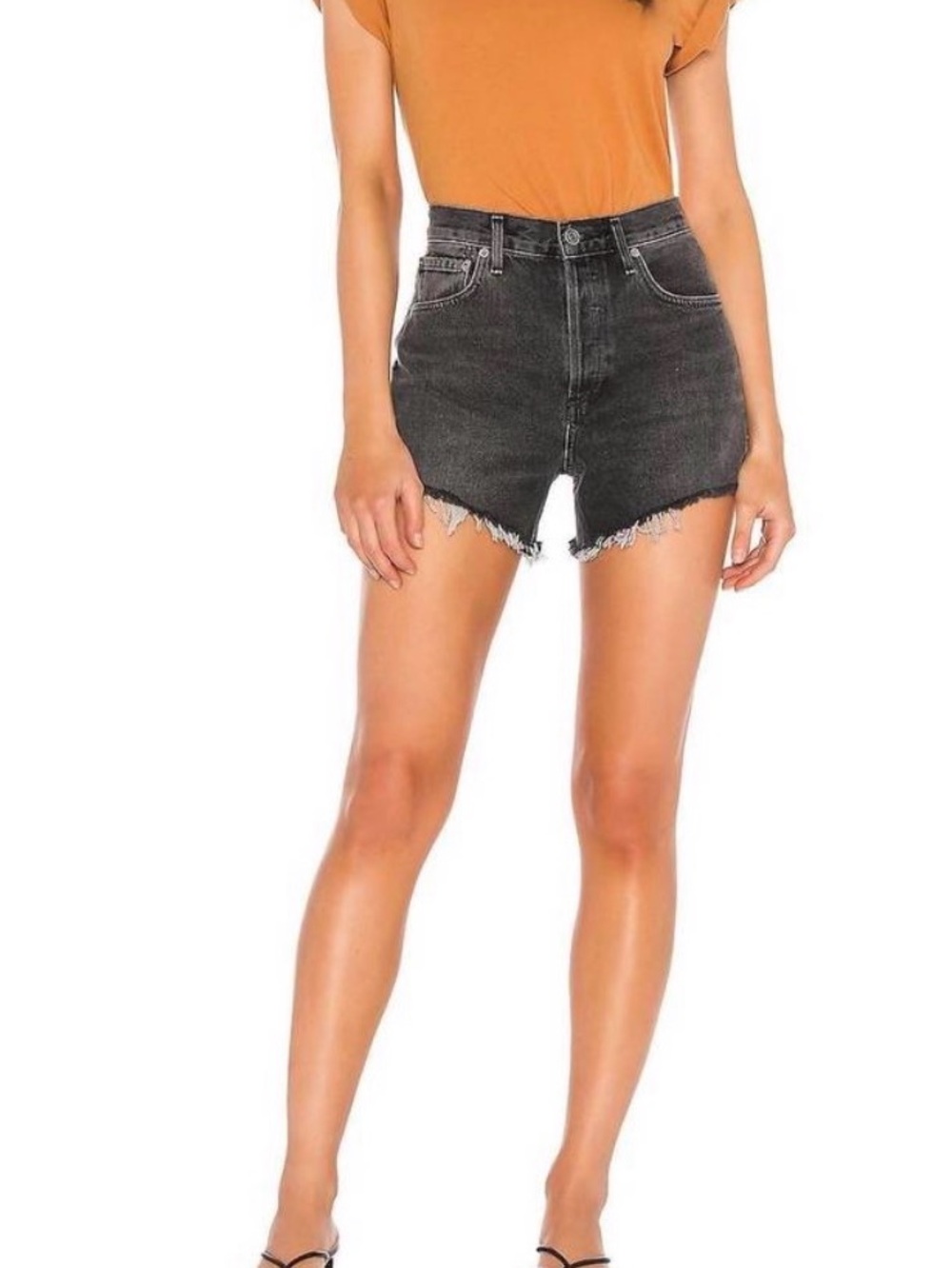 Agolde Black High-Rise Frayed Hem Denim Shorts